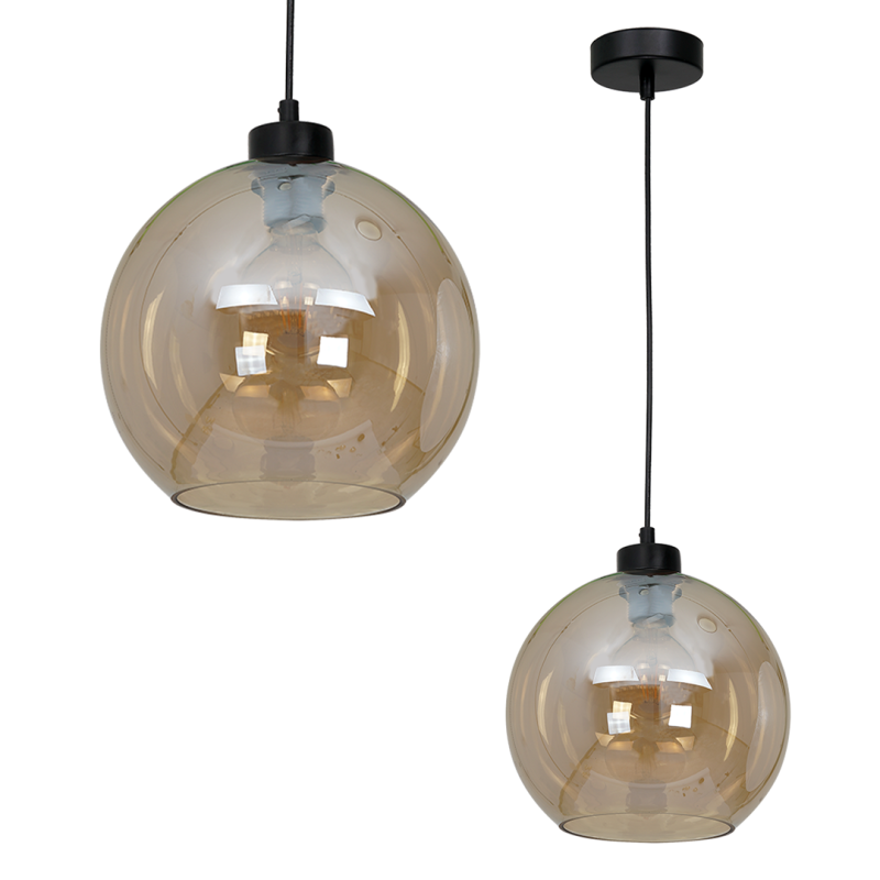 Suspension SOFIA boule verre ambré E27 base ronde métal noir Design chic 