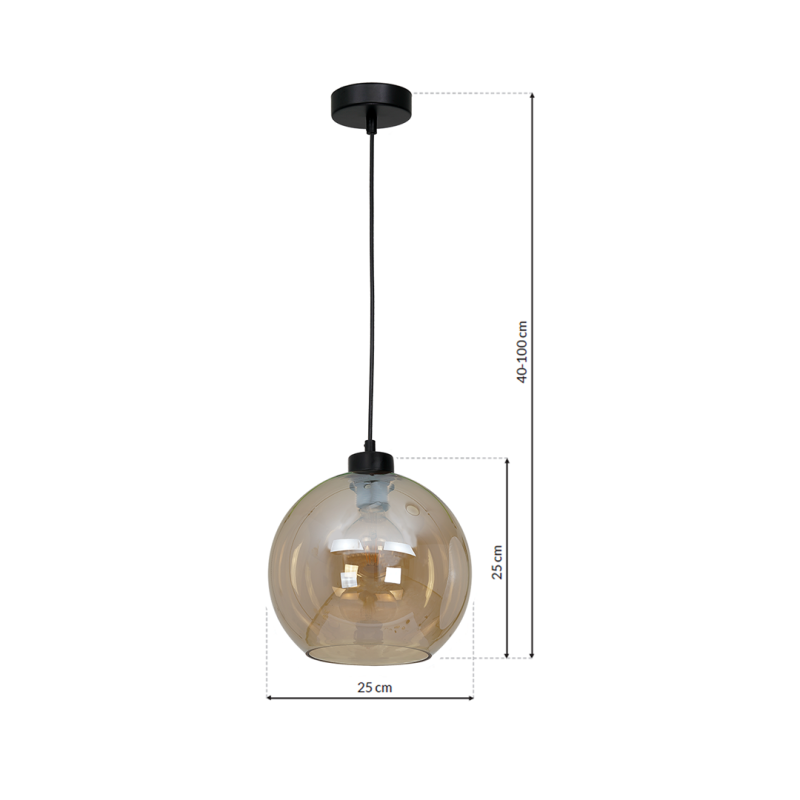 Suspension SOFIA boule verre ambré E27 base ronde métal noir Design chic 