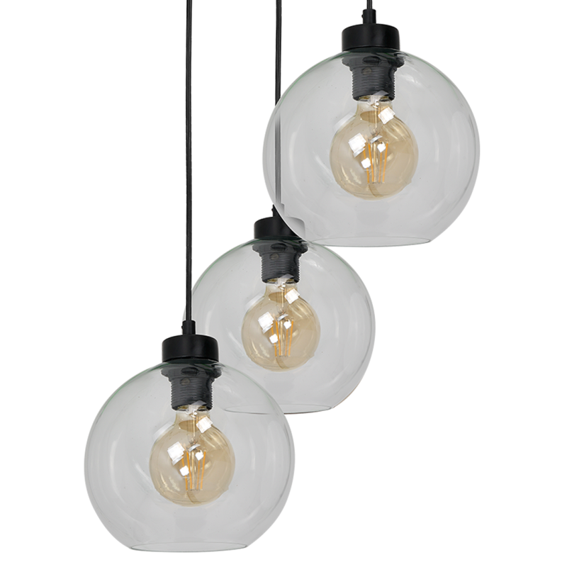 Suspension SOFIA 3 boules verre clair E27 base ronde métal noir Design chic 