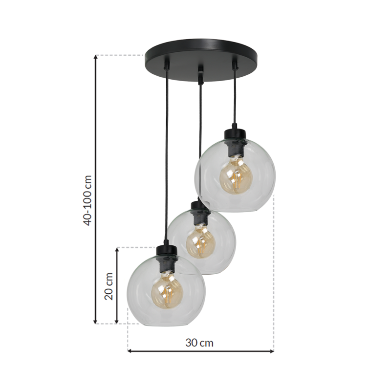 Suspension SOFIA 3 boules verre clair E27 base ronde métal noir Design chic 