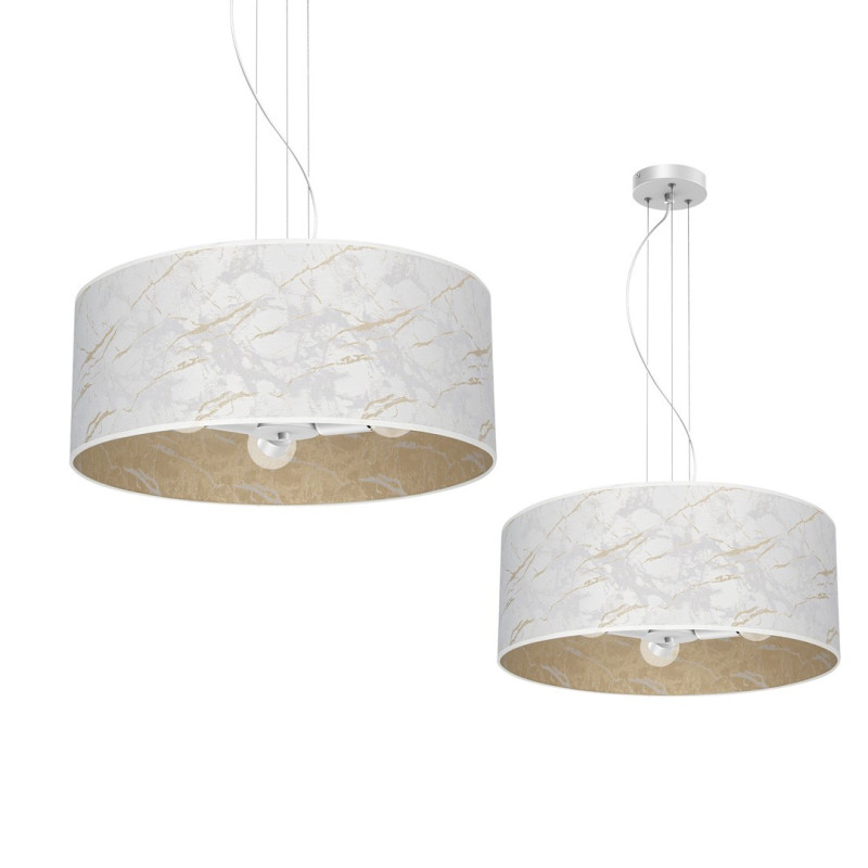 Suspension SENSO abat-jour rond 50cm tissu marbré blanc doré E27 Design chic 