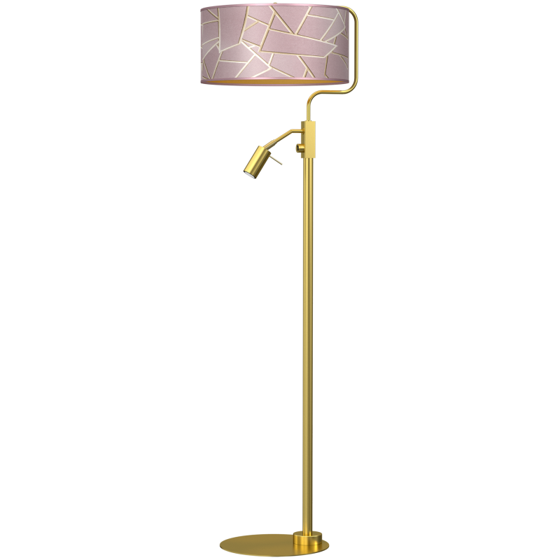 Lampadaire ZIGGY abat-jour tissu mosaique rose doré E27 + liseuse mini GU10 Design chic 