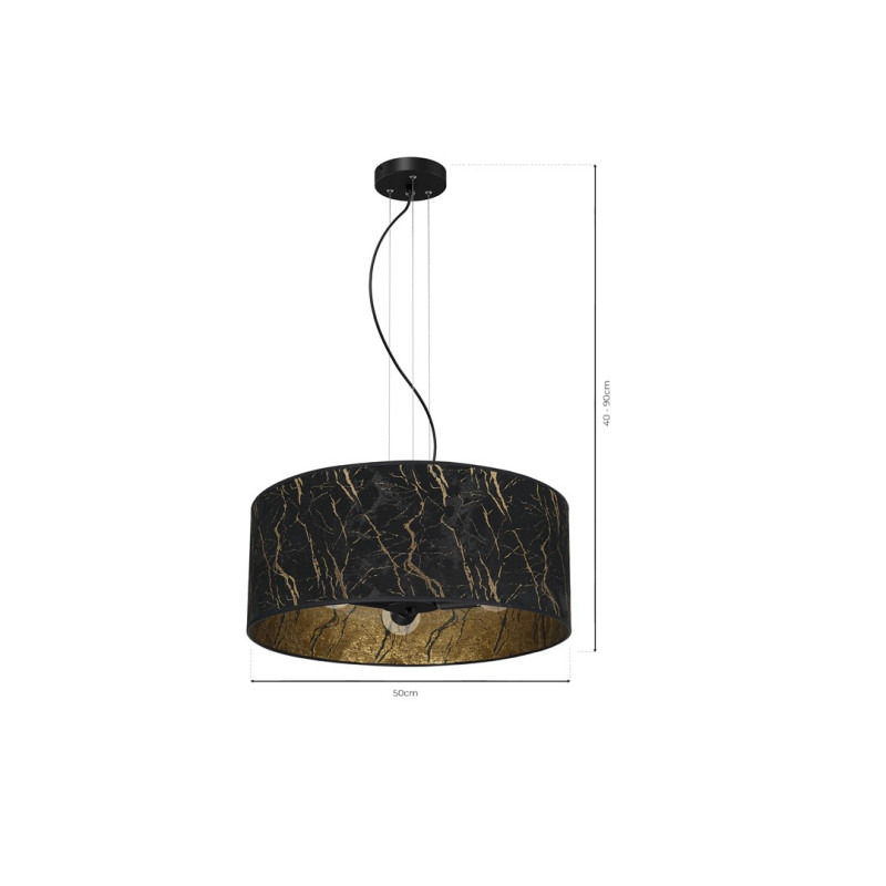 Suspension SENSO abat-jour rond 50cm tissu marbré noir doré E27 Design chic 