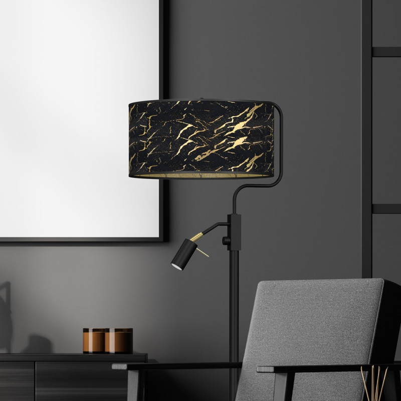 Lampadaire SENSO abat-jour tissu marbré noir doré E27 + liseuse mini GU10 Design chic 