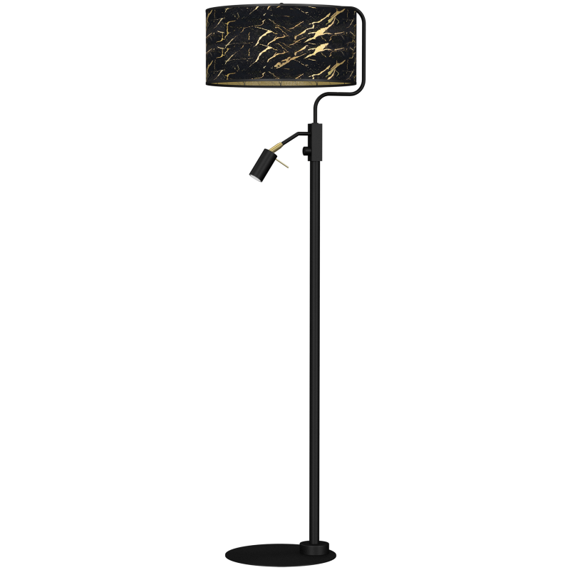 Lampadaire SENSO abat-jour tissu marbré noir doré E27 + liseuse mini GU10 Design chic 