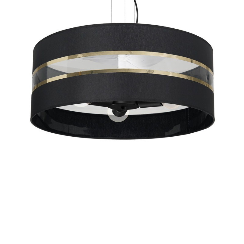 Suspension ULTIMO hauteur réglable abat-jour rond 50cm tissu noir bande doré E27 Design chic 