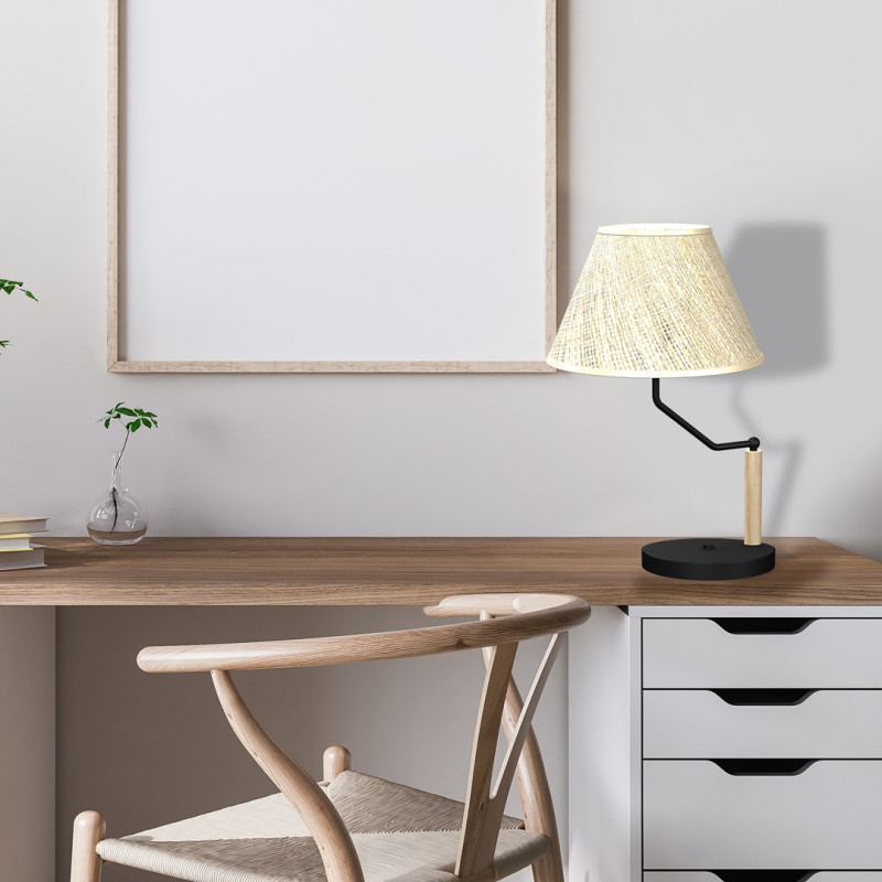 Lampe à poser ETNA abat-jour lin beige gris E27 pied métal noir et bois Nature 