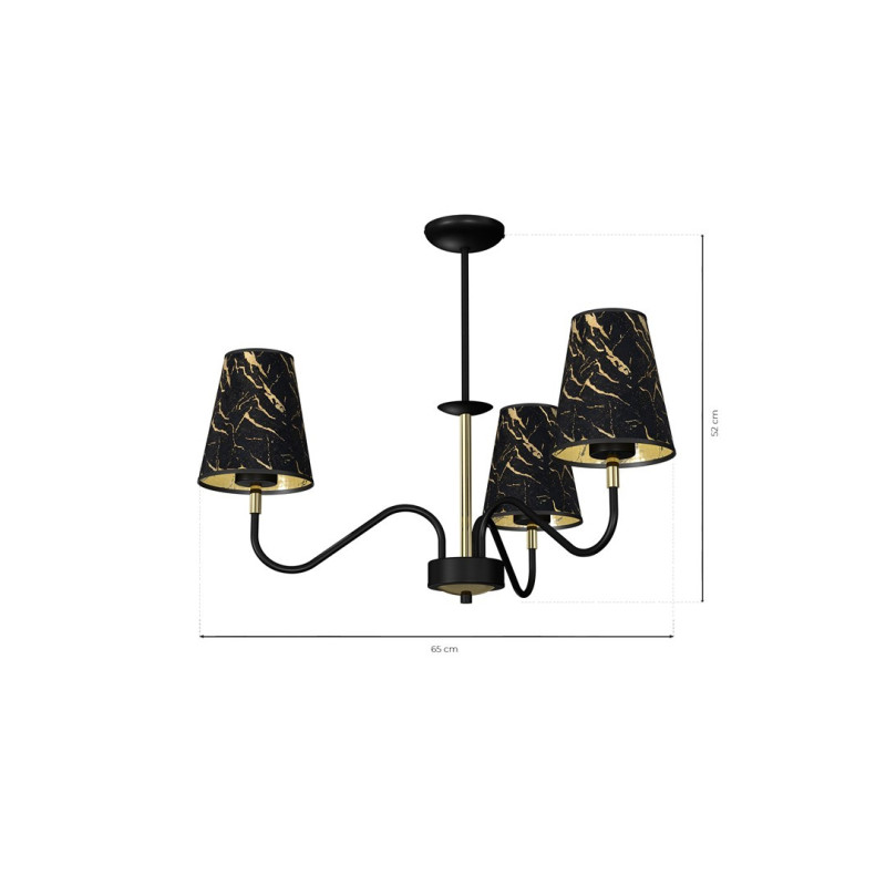 Suspension HERMES métal et 3 abat-jour tissu marbré noir doré E27 Design chic 