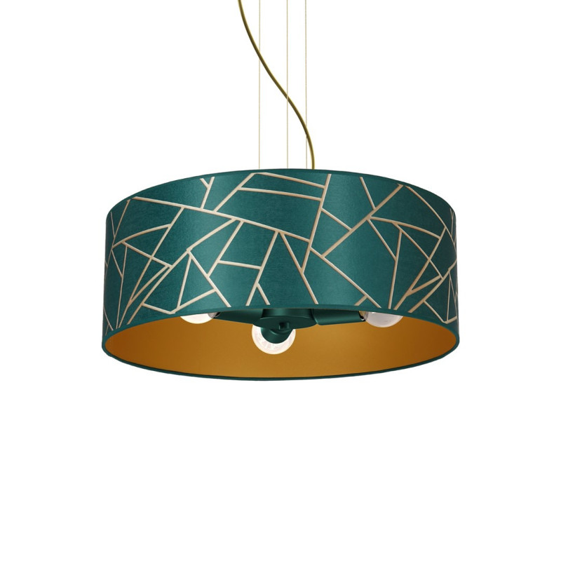 Suspension ZIGGY abat-jour rond 50cm tissu mosaique vert doré E27 Design chic 