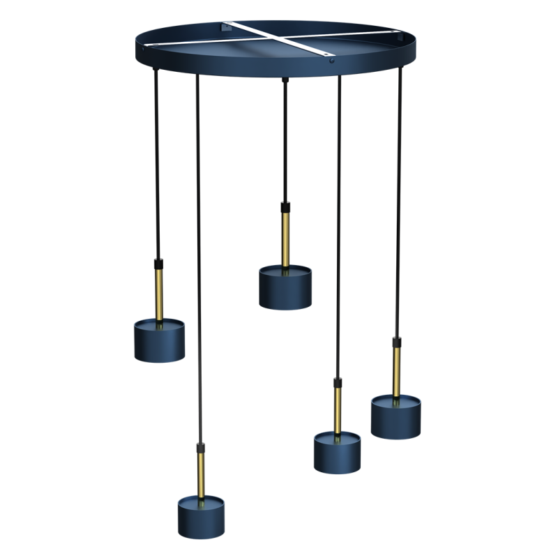 Suspension ARENA 5 abat-jour cylindriques métal bleu et doré base ronde GX53 Design chic 