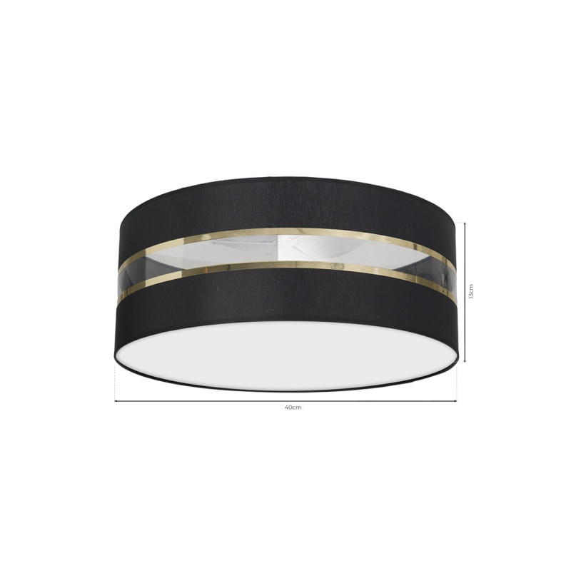 Plafonnier ULTIMO abat-jour rond 40cm tissu noir bande doré E27 Design chic 