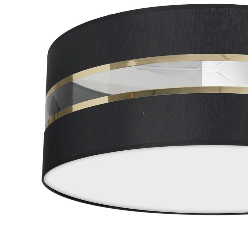 Plafonnier ULTIMO abat-jour rond 50cm tissu noir bande doré E27 Design chic 