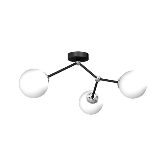 Plafonnier JOY 4 branches atome métal noir chromé boules verre blanc E14 Design chic 