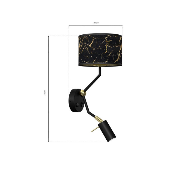 Applique murale SENSO abat-jour tissu marbré noir doré E27 + liseuse mini GU10 Design chic 