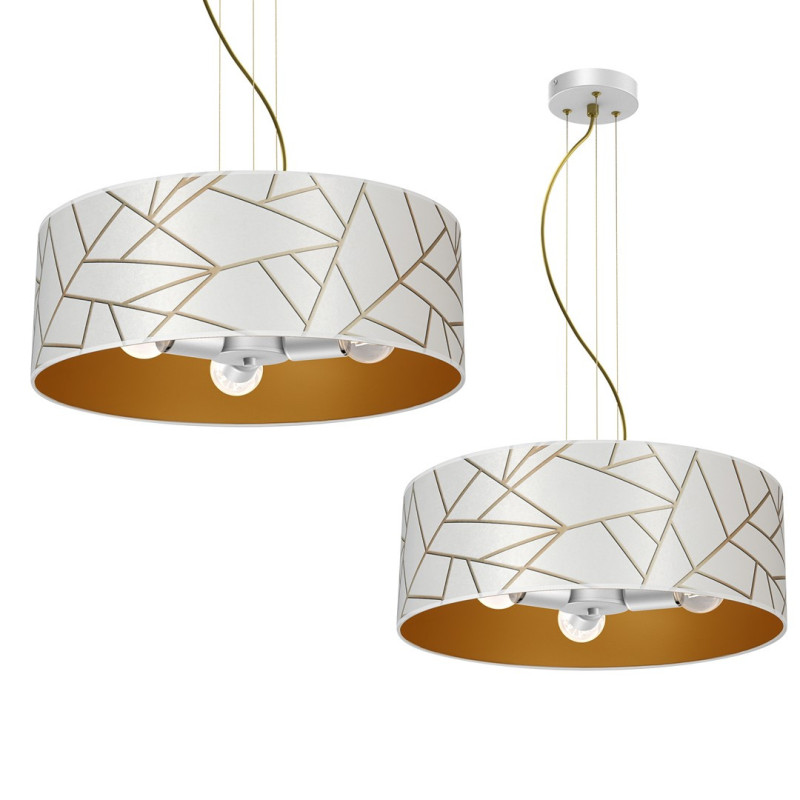 Suspension ZIGGY abat-jour rond 50cm tissu mosaique blanc doré E27 Design chic 