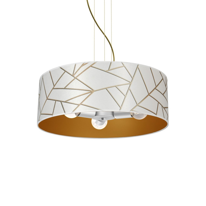 Suspension ZIGGY abat-jour rond 50cm tissu mosaique blanc doré E27 Design chic 