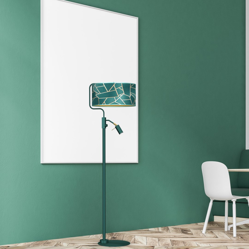 Lampadaire ZIGGY abat-jour tissu mosaique vert doré E27 + liseuse mini GU10 Design chic 