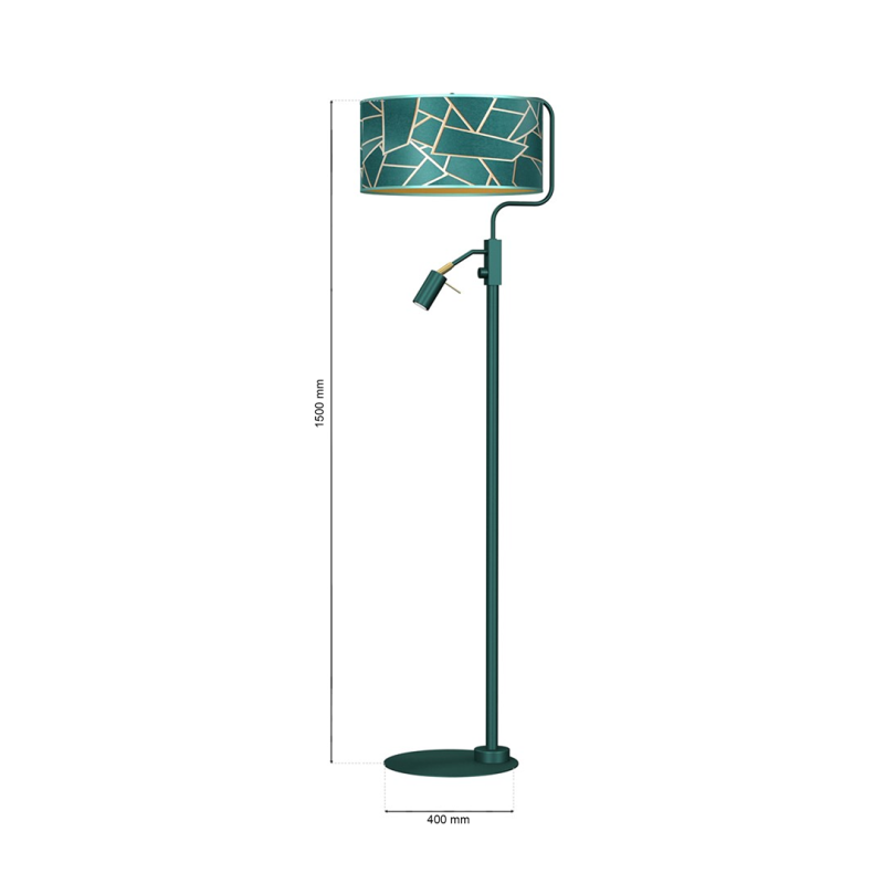 Lampadaire ZIGGY abat-jour tissu mosaique vert doré E27 + liseuse mini GU10 Design chic 