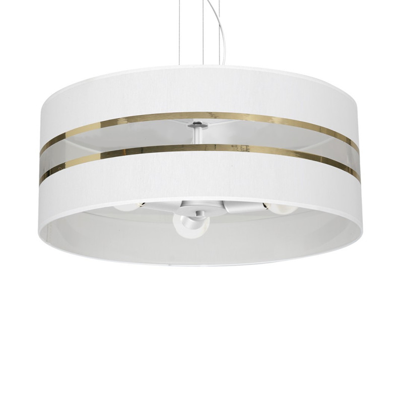 Suspension ULTIMO hauteur réglable abat-jour rond 50cm tissu blanc bande doré E27 Design chic 