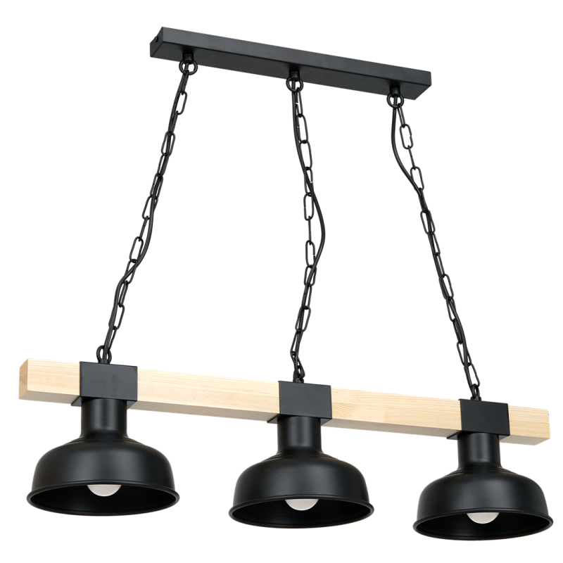 Suspension FARO Barre bois clair 3 cloches métal noir E27 Industriel 