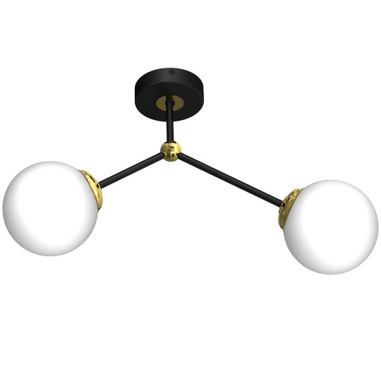 Plafonnier JOY 2 branches atome métal noir doré boules verre blanc E14 Design chic 