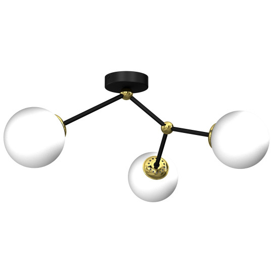 Plafonnier JOY 4 branches atome métal noir doré boules verre blanc E14 Design chic 