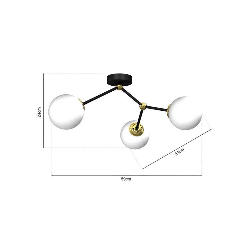 Plafonnier JOY 4 branches atome métal noir doré boules verre blanc E14 Design chic 