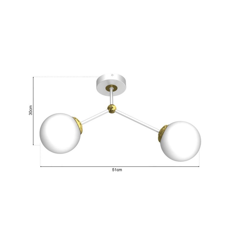 Plafonnier JOY 2 branches atome métal blanc doré boules verre blanc E14 Design chic 