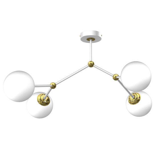 Plafonnier JOY 3 branches atome métal blanc doré boules verre blanc E14 Design chic 