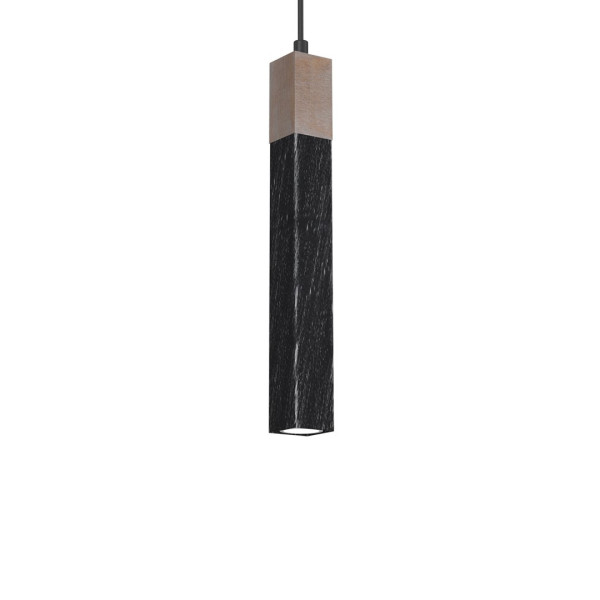 Suspension SOLO tube rectangulaire métal noir et bois mini GU10 Industriel 