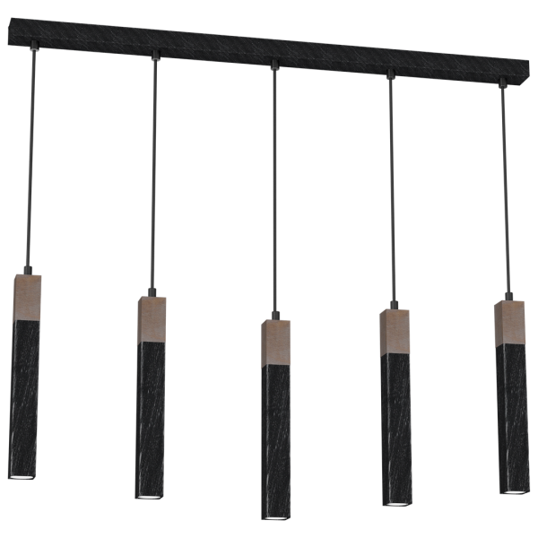 Suspension SOLO 5 tubes rectangulaires métal noir et bois mini GU10 Industriel 