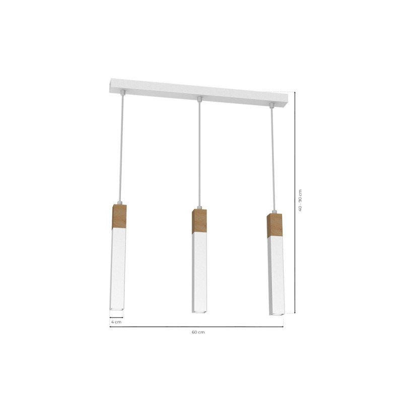 Suspension SOLO 3 tubes rectangulaires métal blanc et bois mini GU10 Industriel 