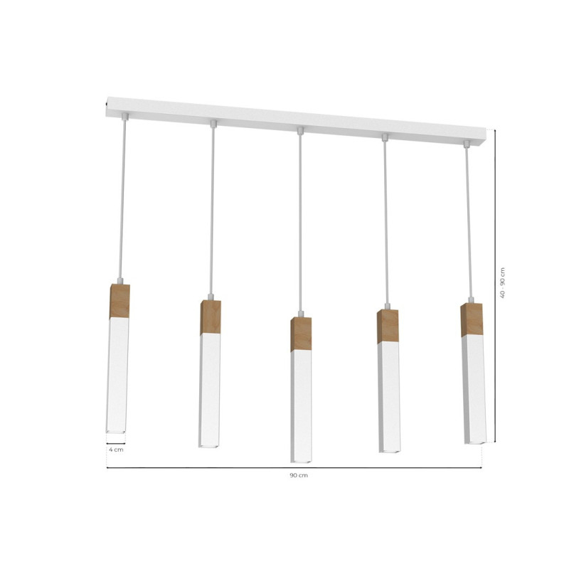 Suspension SOLO 5 tubes rectangulaires métal blanc et bois mini GU10 Industriel 