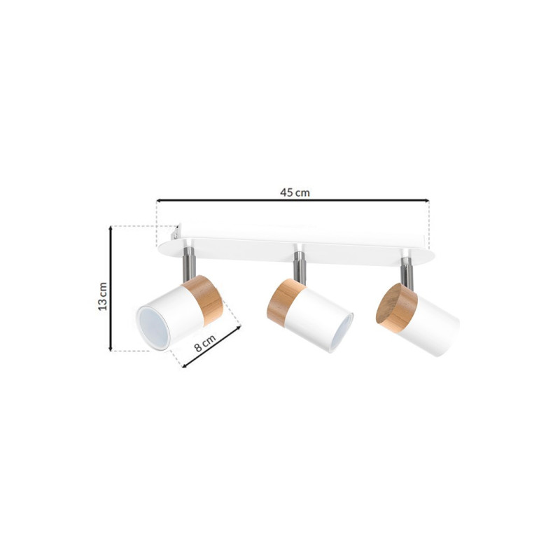 Plafonnier JOKER 3 spots orientables métal blanc anneau bois GU10 Minimaliste 