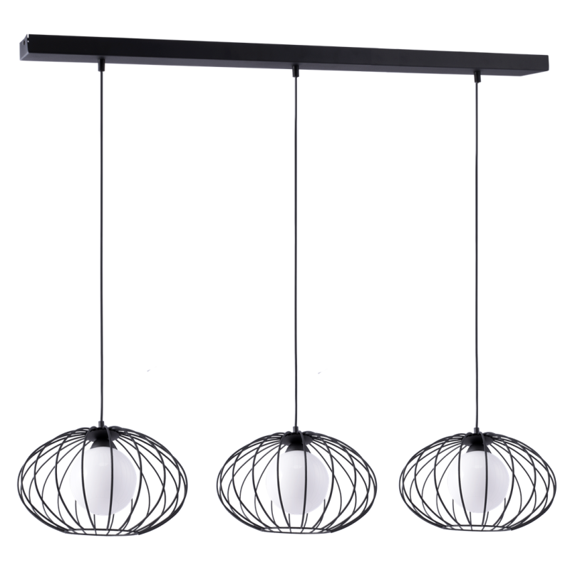 Suspension KRONOS 3 cages ovale métal noir et boule verre blanc E14 Industriel 