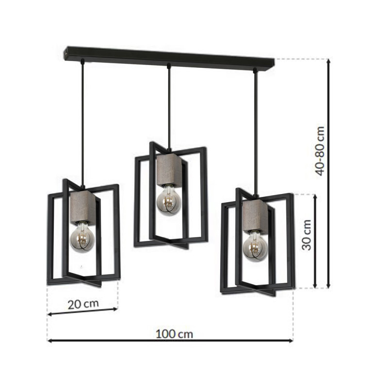 Suspension RALPH structure rectangles croisés métal noir 3 douilles bois E27 Industriel 