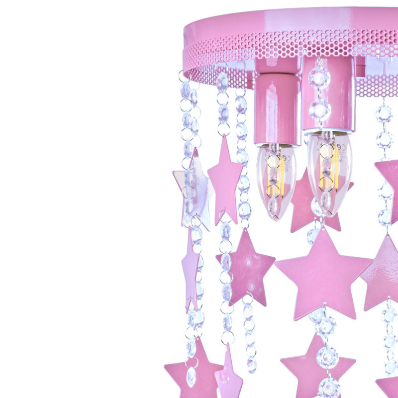 Plafonnier STAR cascade de cristaux et étoiles rose suspendus E27 Enfant 