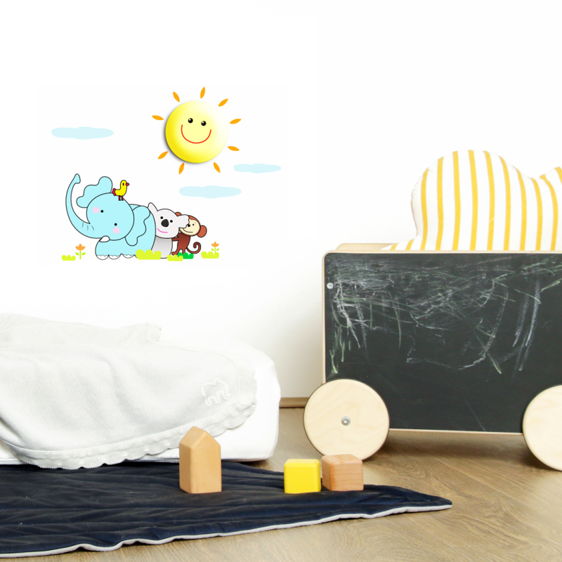 Applique murale enfant soleil jaune et sticker animaux LED 0,6W 