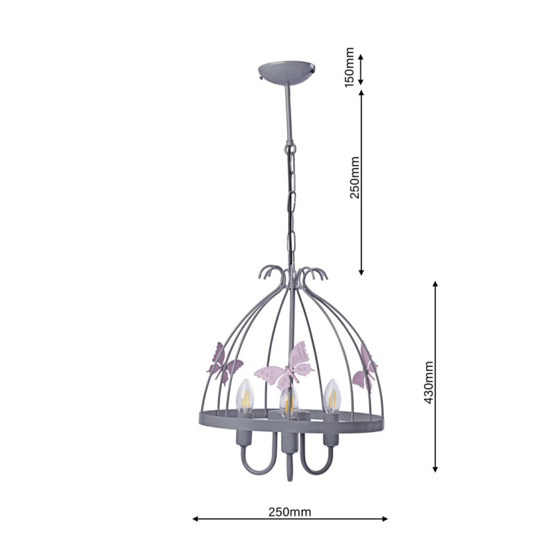 Plafonnier KAGO cage aux papillons métal gris et rose E14 Enfant 