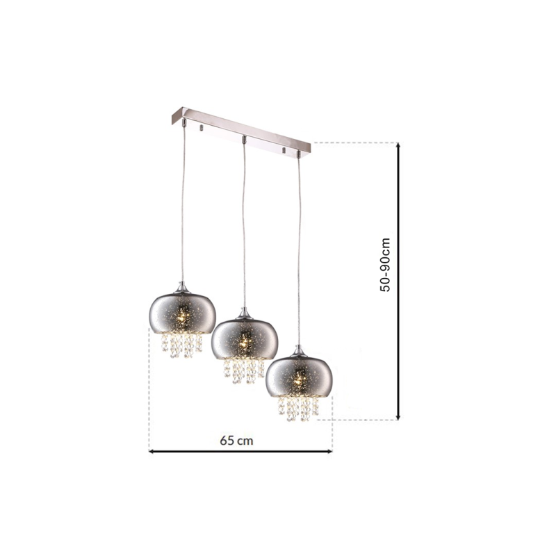 Suspension STARLIGHT 3 anneaux de verre chromé étoilé et chute de cristaux E14 Design chic 