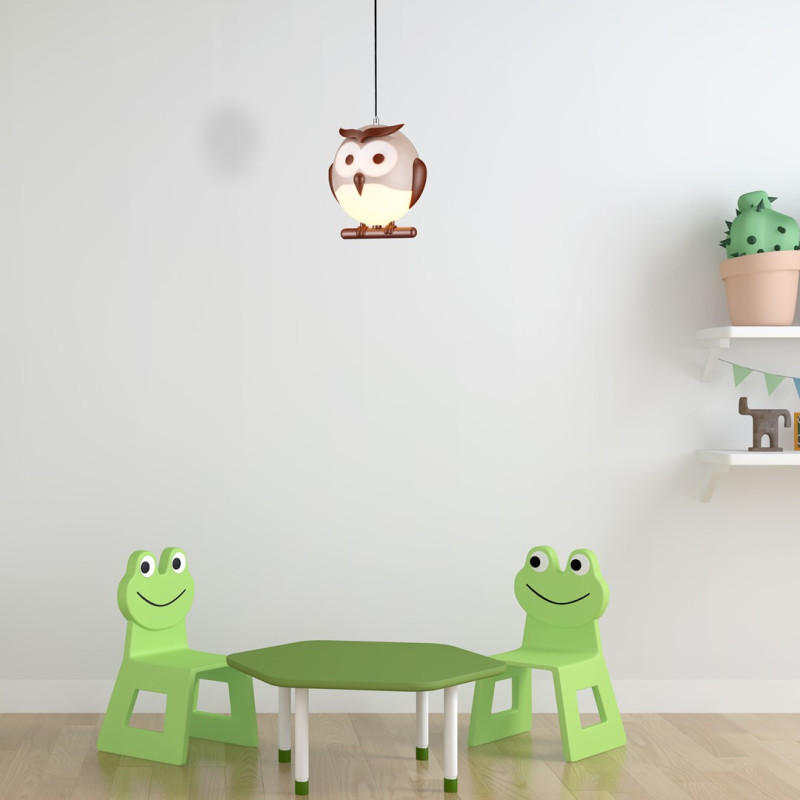 Suspension OWL abat-jour hibou marron blanc E14 Enfant 