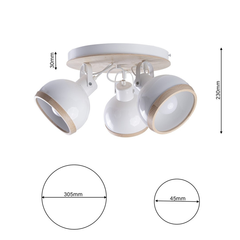 Plafonnier OVAL 3 abat-jour métal blanc et bois E27 base ronde Nature 