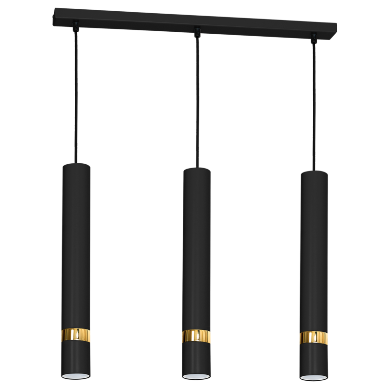 Suspension JOKER 3 tubes alignés métal noir anneau doré GU10 Minimaliste 