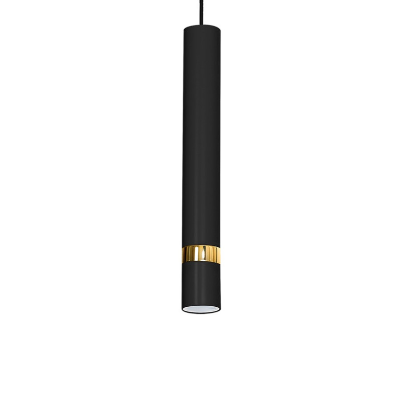 Suspension JOKER tube métal noir anneau doré GU10 Minimaliste 