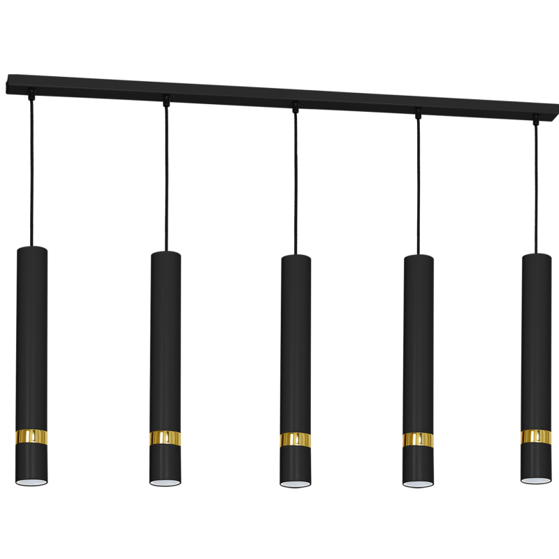 Suspension JOKER 5 tubes alignés métal noir anneau doré GU10 Minimaliste 