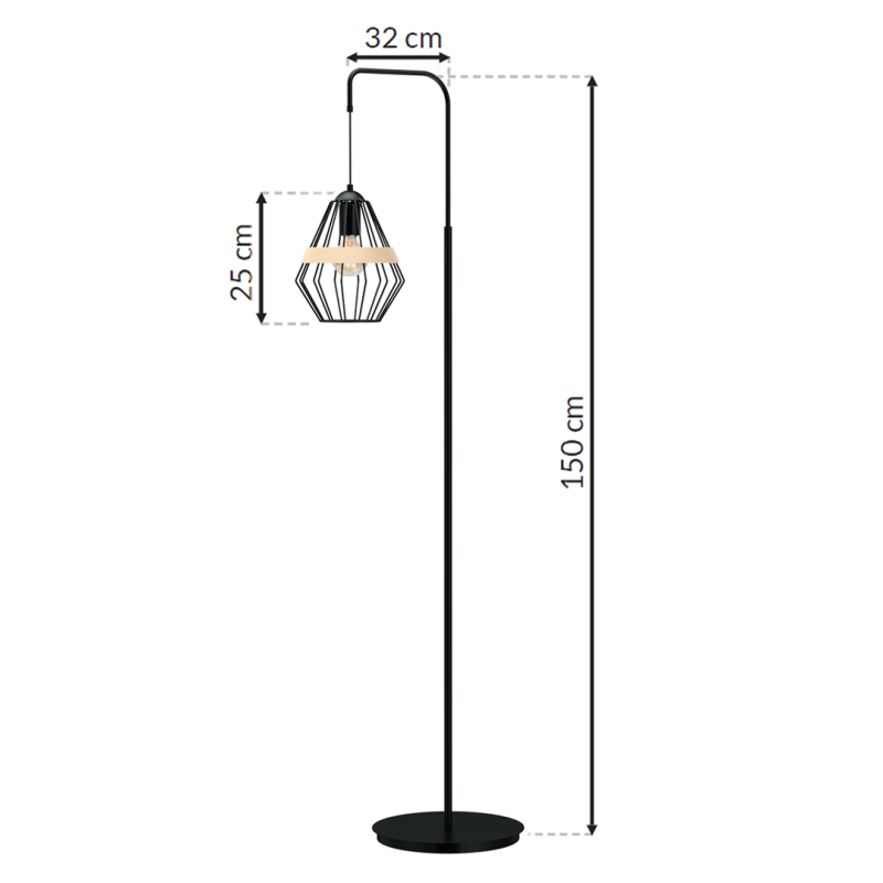 Lampadaire CLIFF cage forme diamant métallique noir et bois E27 Bohème 