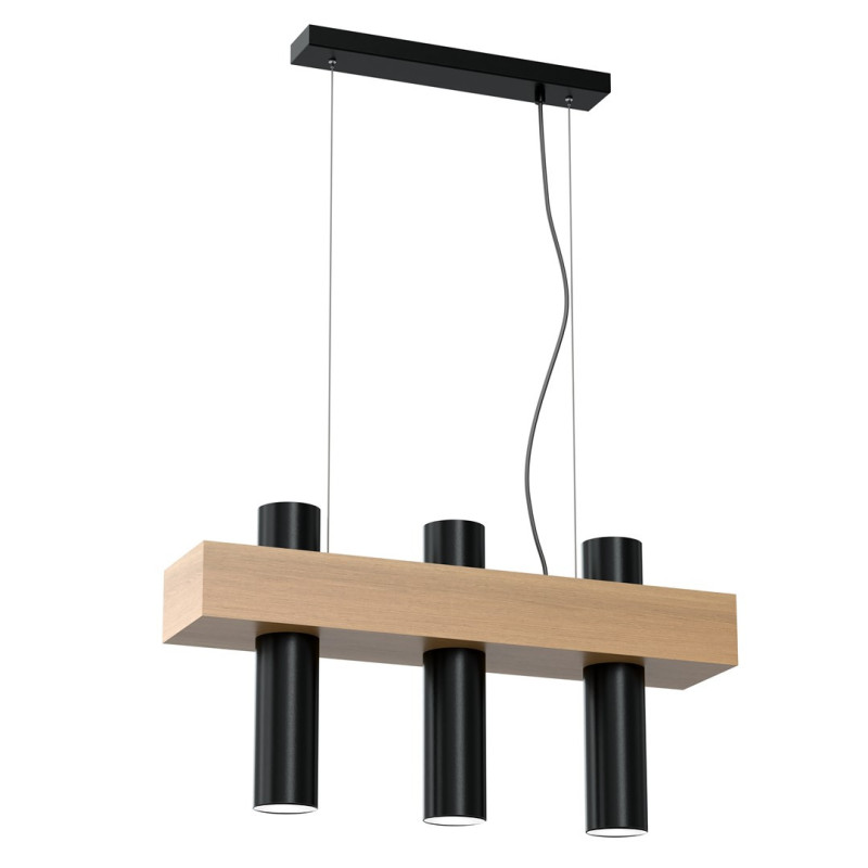 Suspension WEST support bois rectangle 3 tubes métal noir GU10 Scandinave 