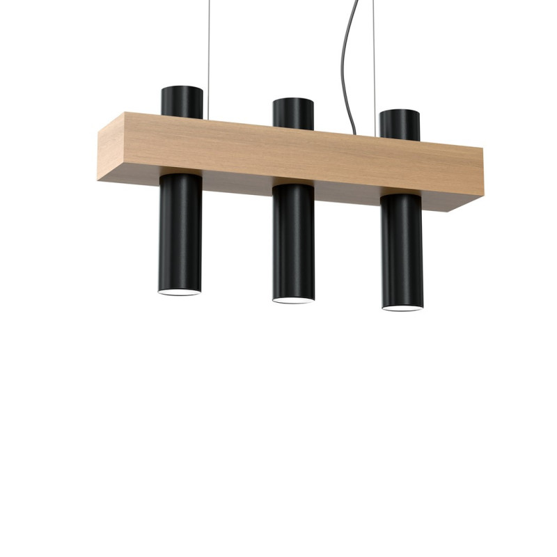 Suspension WEST support bois rectangle 3 tubes métal noir GU10 Scandinave 