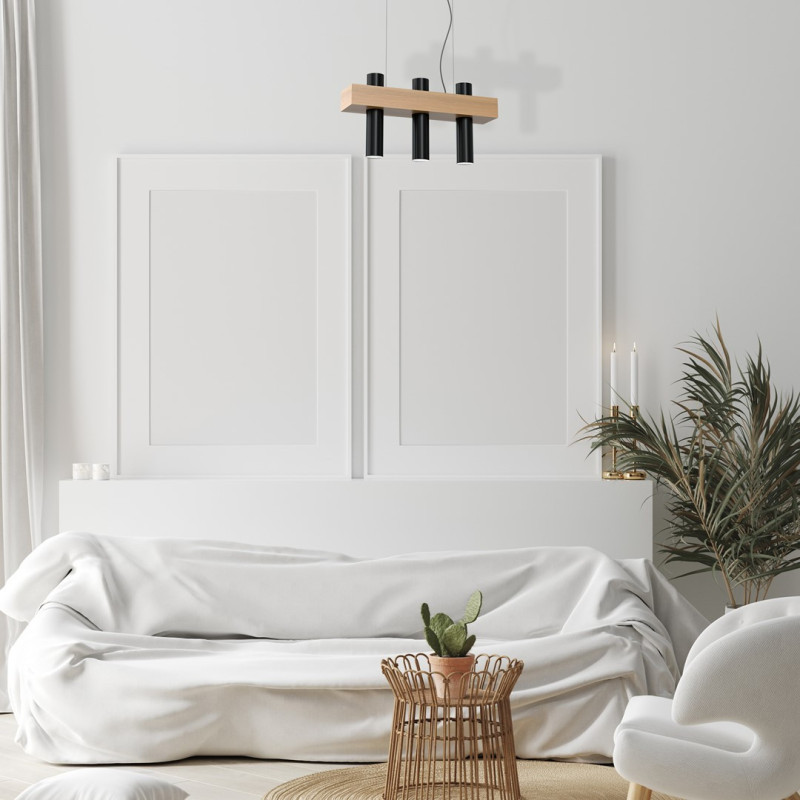 Suspension WEST support bois rectangle 3 tubes métal noir GU10 Scandinave 