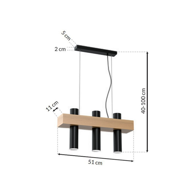 Suspension WEST support bois rectangle 3 tubes métal noir GU10 Scandinave 